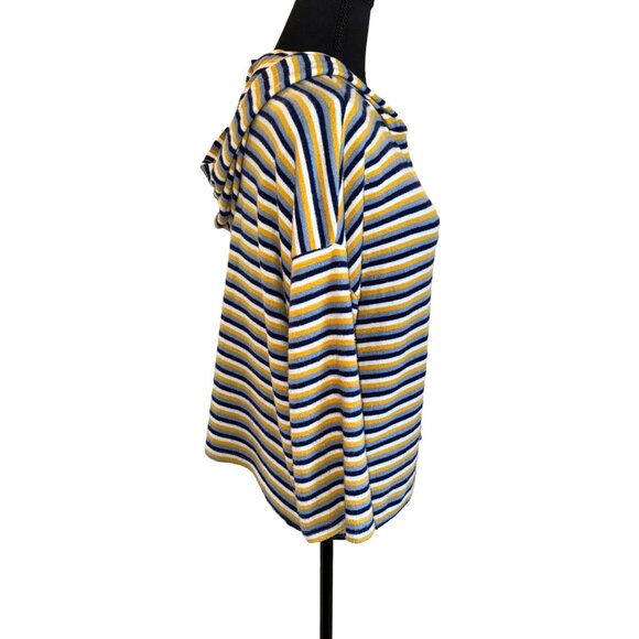 Poof New York Striped Yellow Blue Soft Knit Hoodie L Nautical Casual Travel Top - Picture 5 of 13